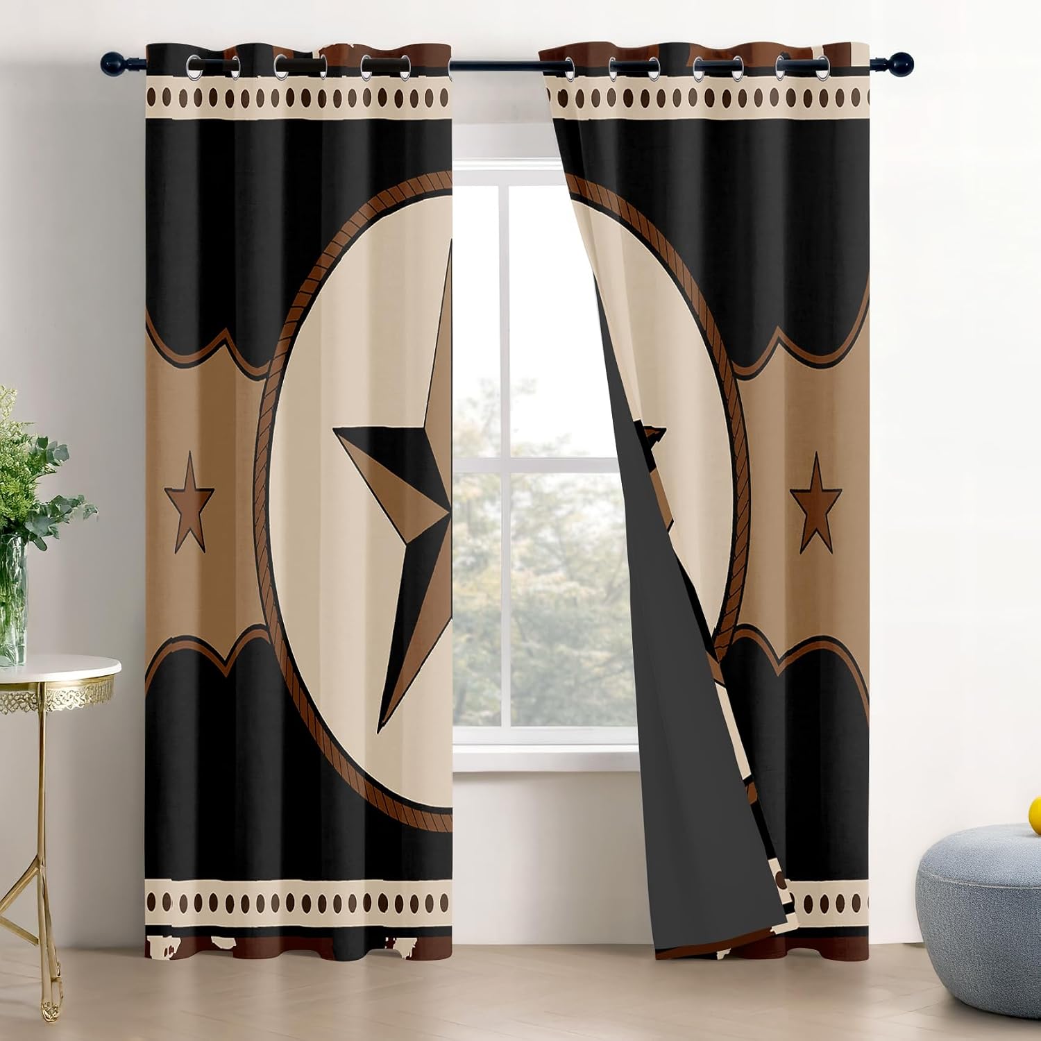 Western Curtains 63 Inch Length - Texas Star Cowboy Brown Vintage Patterned Blackout Curtains for Living Room Bedroom, Room Darkening Grommet Drapes Window Treatments, 2 Panel Set