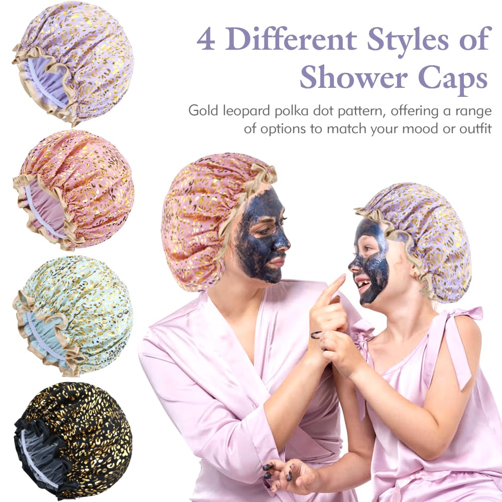 Yoosit 4 PACK Double Layer Waterproof Reusable Satin Shower Caps with Adjustable Bath Hair Caps Stretchy EVA Bathing Hats Bonnets Curly Long Braids Hair for Women Girls (pack of leopard) - Image 2