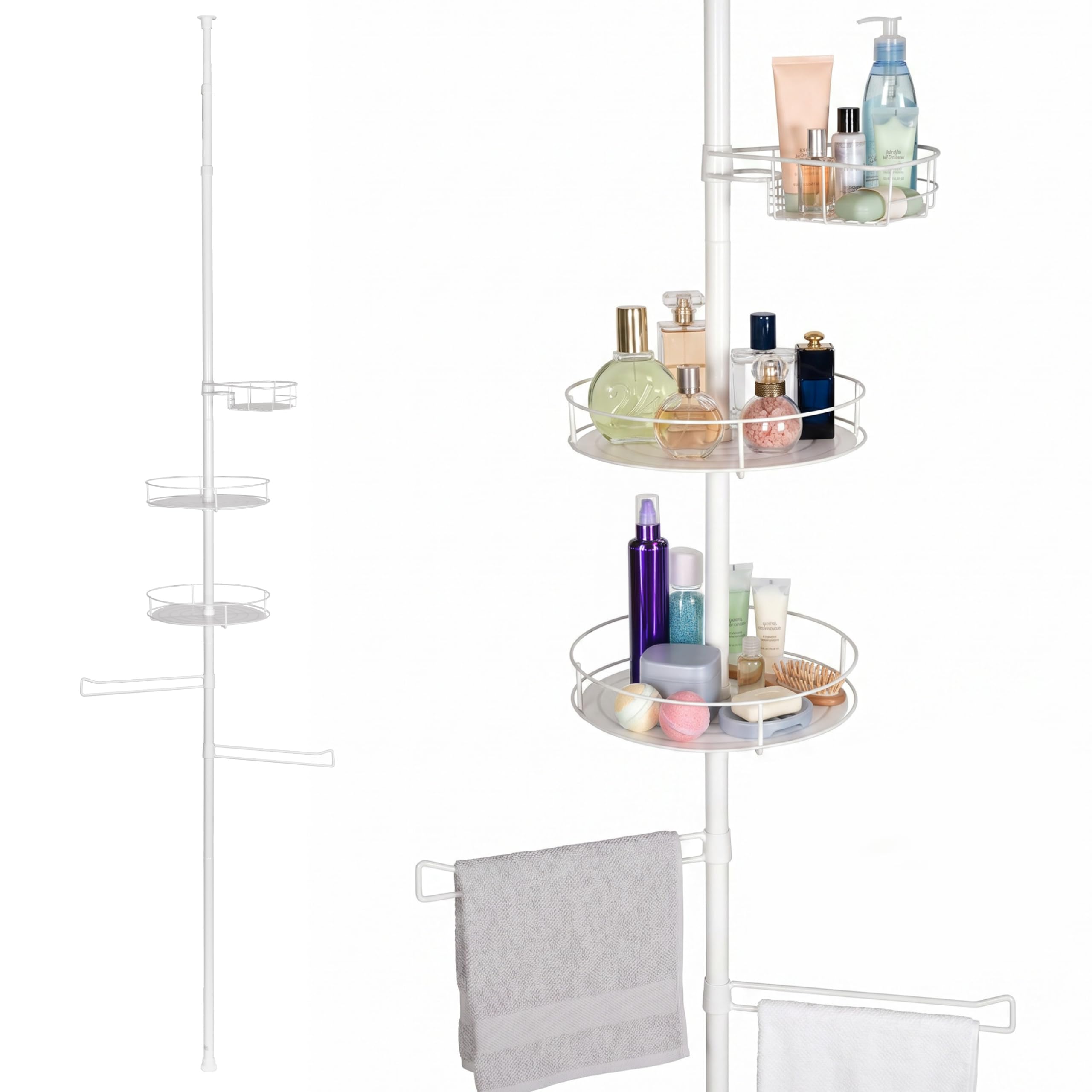 bremermann Teleskop-Badregal mit 3 Körben und 2 Haltern für Handtücher, ideal für Shampoo, Kosmetikartikel, Badutensilien uvm., höhenverstellbar bis max. 290 cm, aus Metall in Weiß