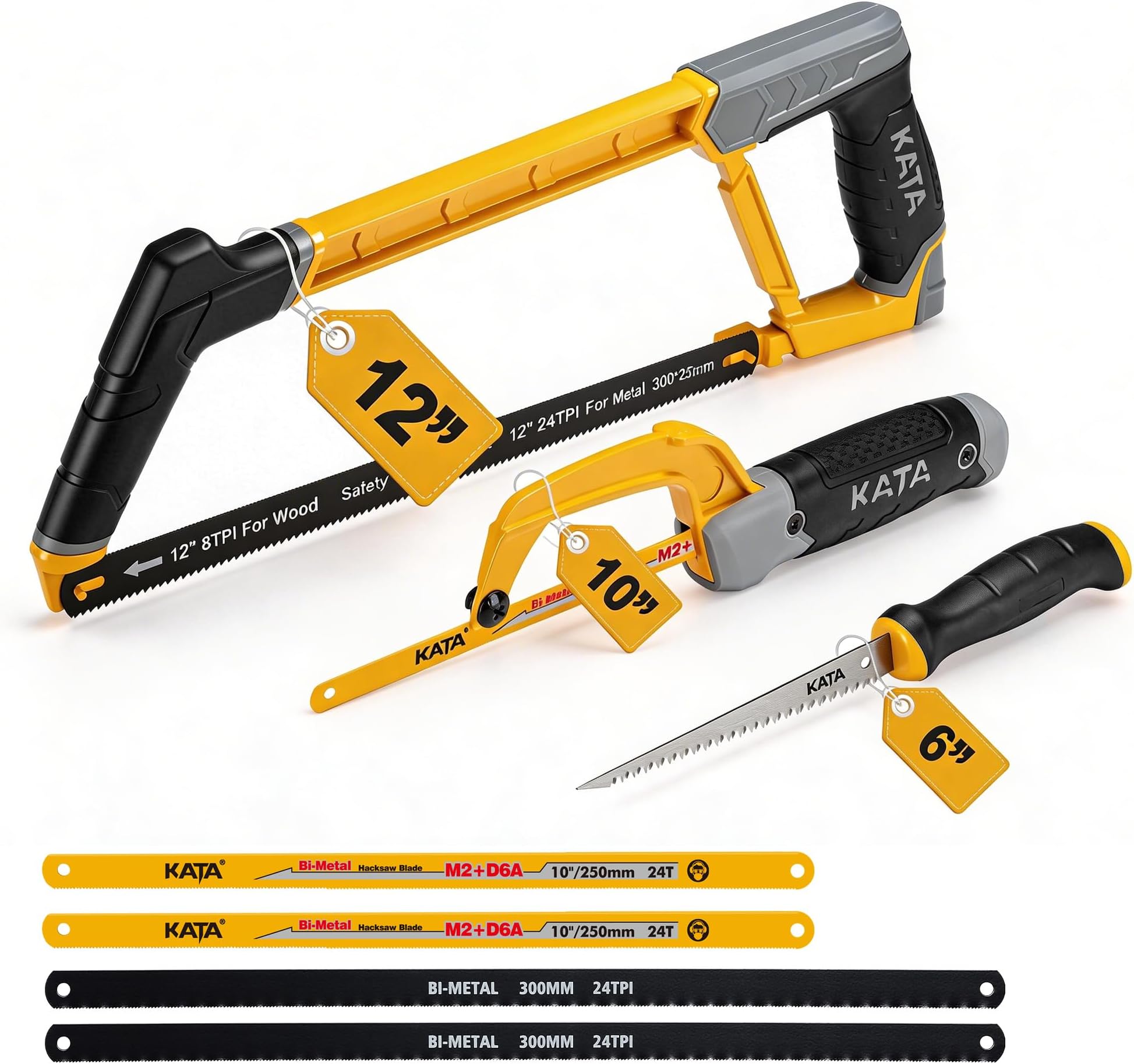 Heavy Duty Hacksaw Frame Set, 12 Inch Hacksaw, 10 Inch Mini Hacksaw & 6 Inch Drywall Jab Saw, 4pc Extra Bi-Metal HSS Blades, 45°/90° Adjustable, Cutting Metal, Wood, PVC