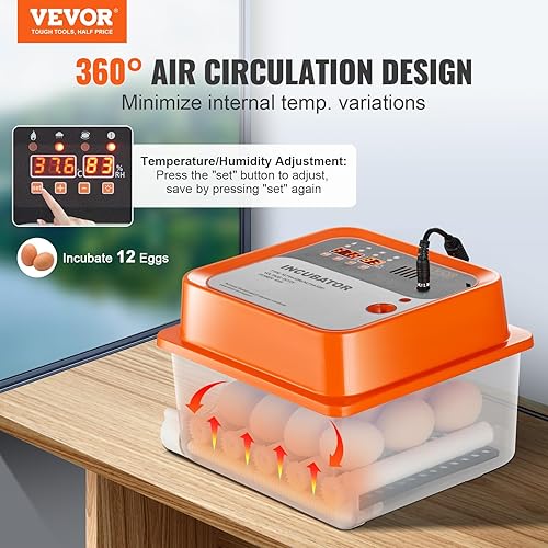 Miniatura 2 de VEVOR 360 incubadoras para eclosionar, girador automático con control de temperatura y humedad, 12 huevos para criar aves de corral con carcasa