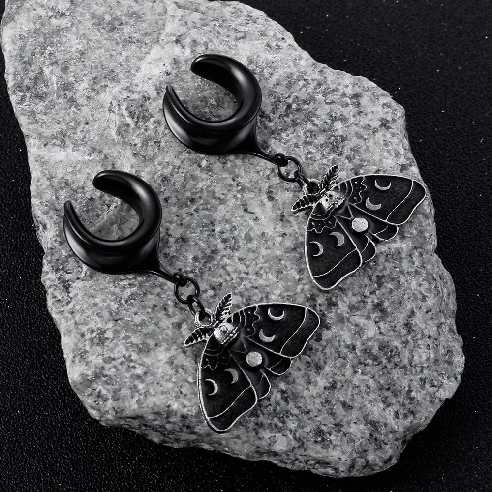 2PCS Saddle Dangle Gauges Black Butterfly Ear Plugs Tunnels Hypoallergenic 316 Stainless Steel Body Piercing Jewelry for Women Men