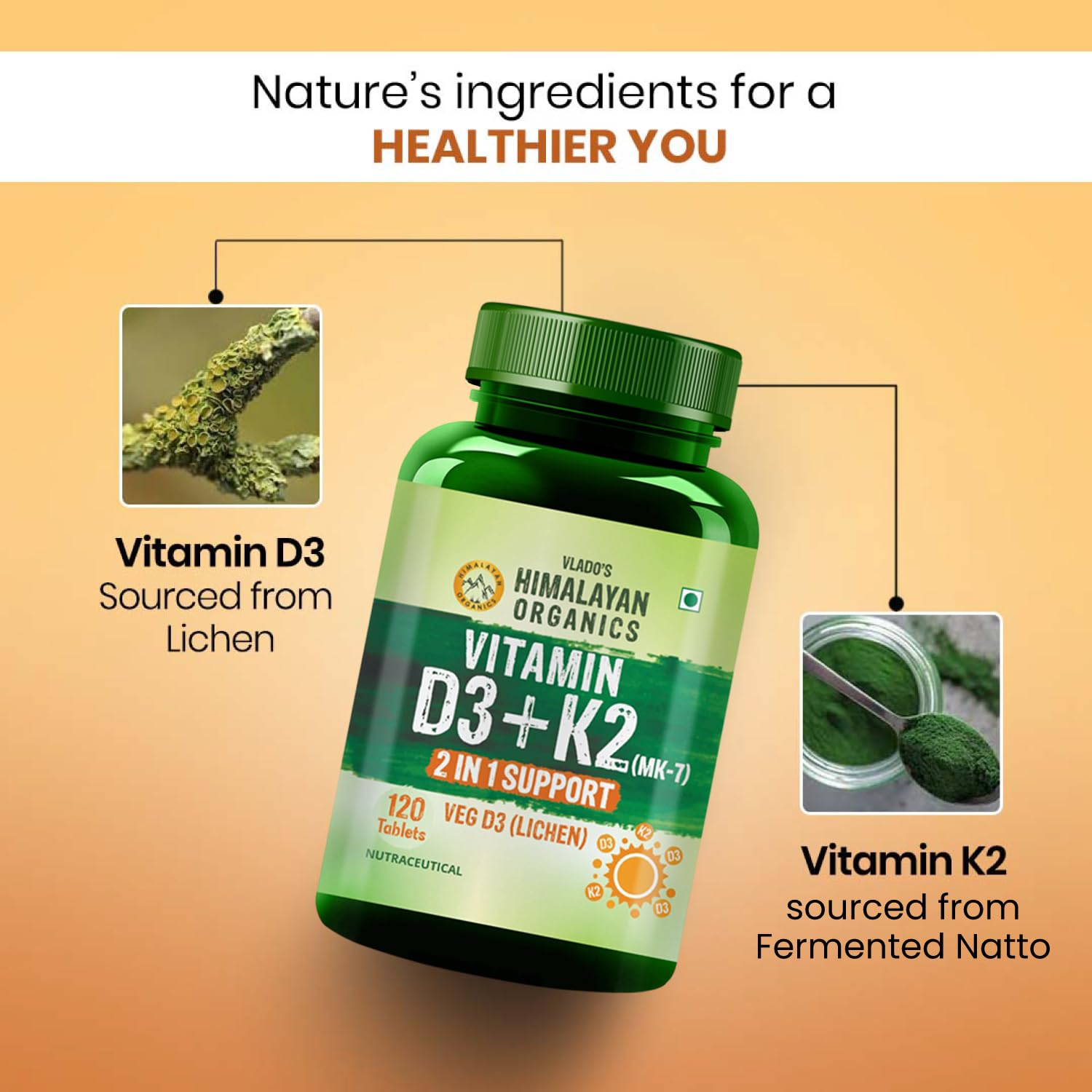 Vlado’s Himalayan Organics Vitamin D3 K2 Supplement I 100% Veg D3 - Lichen Sourced -600 IU Vitamin D3 + 55 mcg K2 (MK7) - Stronger Bones, Immunity & Calcium Absorption - D3 Supplement for men & women - 120 tablets — Amazon image 5