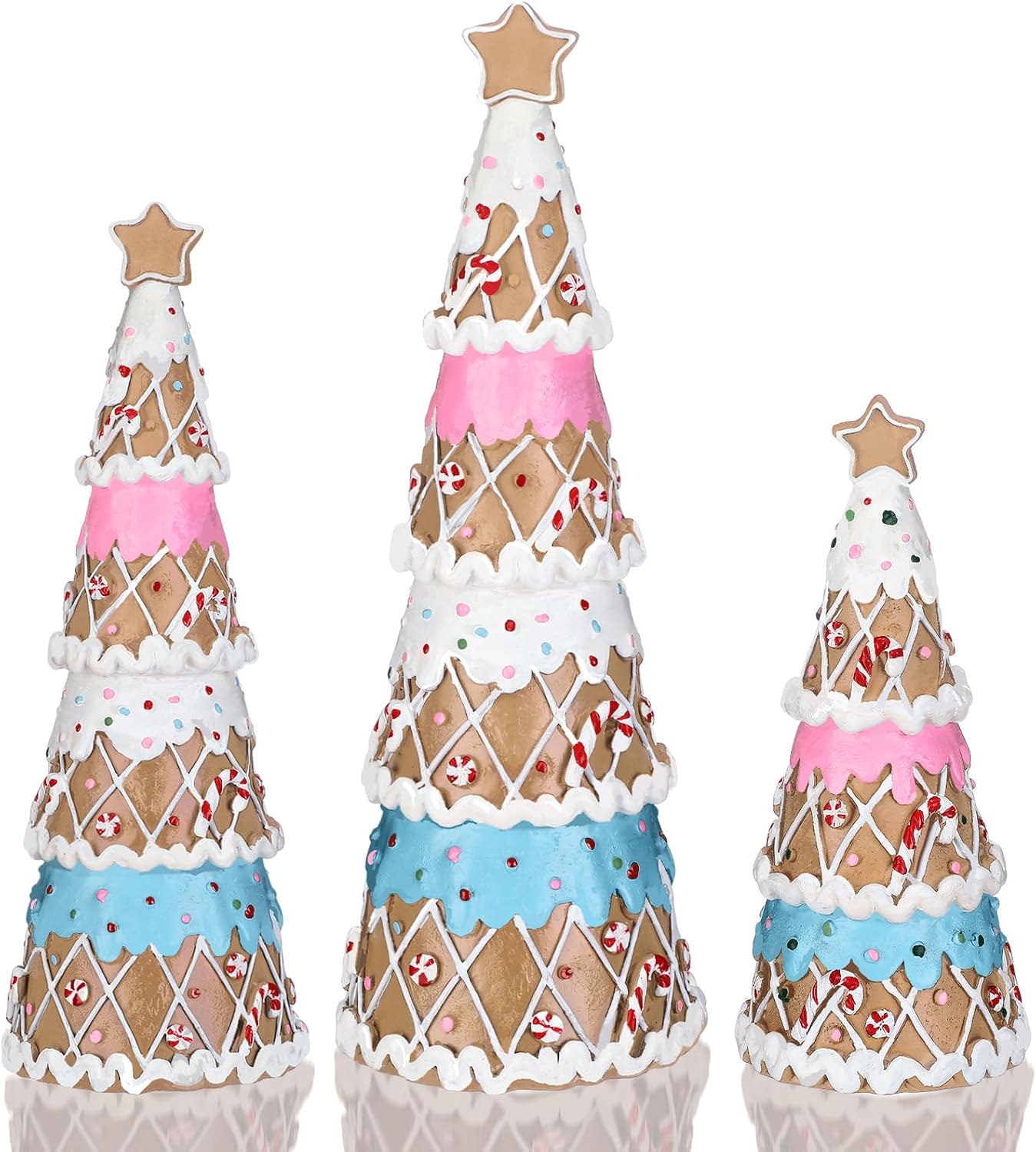 Wesiti 3 Pcs Pastel Faux Gingerbread Christmas Decorations Resin Christmas Gingerbread Tree Collectible Figurines Candy Cane Star Ginger Table Decor for Xmas Kitchen Mantel Party Centerpiece Cookie