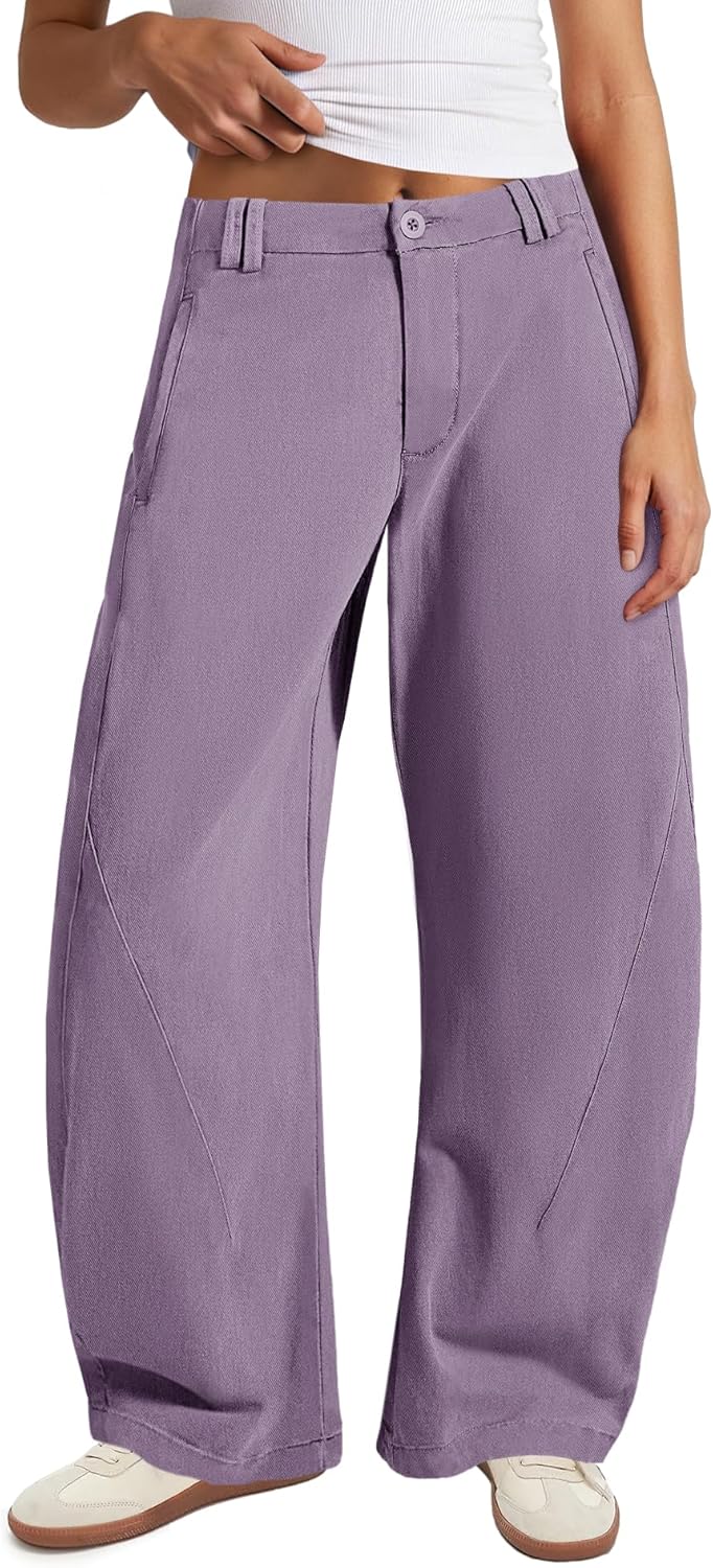 Nirovien Womens Casual Barrel Jeans Wide Leg Chino Pants Baggy Elastic Waist Trousers with Pockets