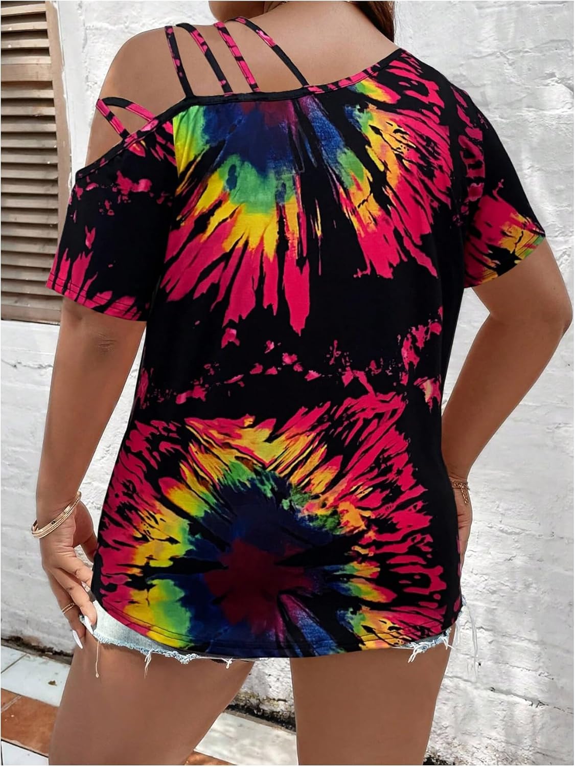 WDIRARA Women's Plus Size Tie Dye Off Shoulder Tops Short Sleeve T Shirt - Image 2