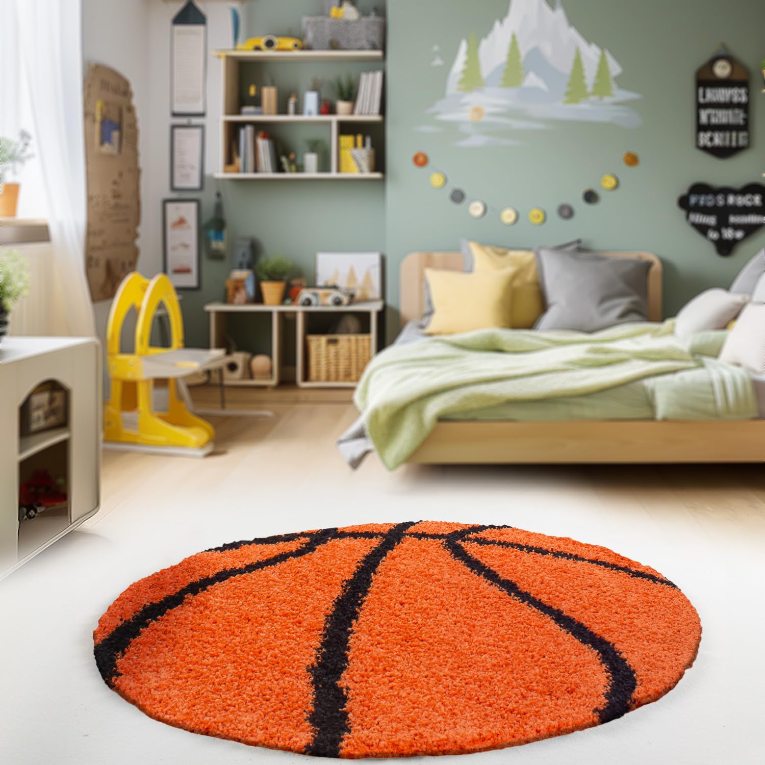 HomebyHome Alfombra Infantil Redonda Peludo de Pila Larga Diseño de Baloncesto de fútbol Habitación de los niños de los bebés Suave y Esponjoso Redondo, Color:Naranja, Tamaño:120 cm Redondo