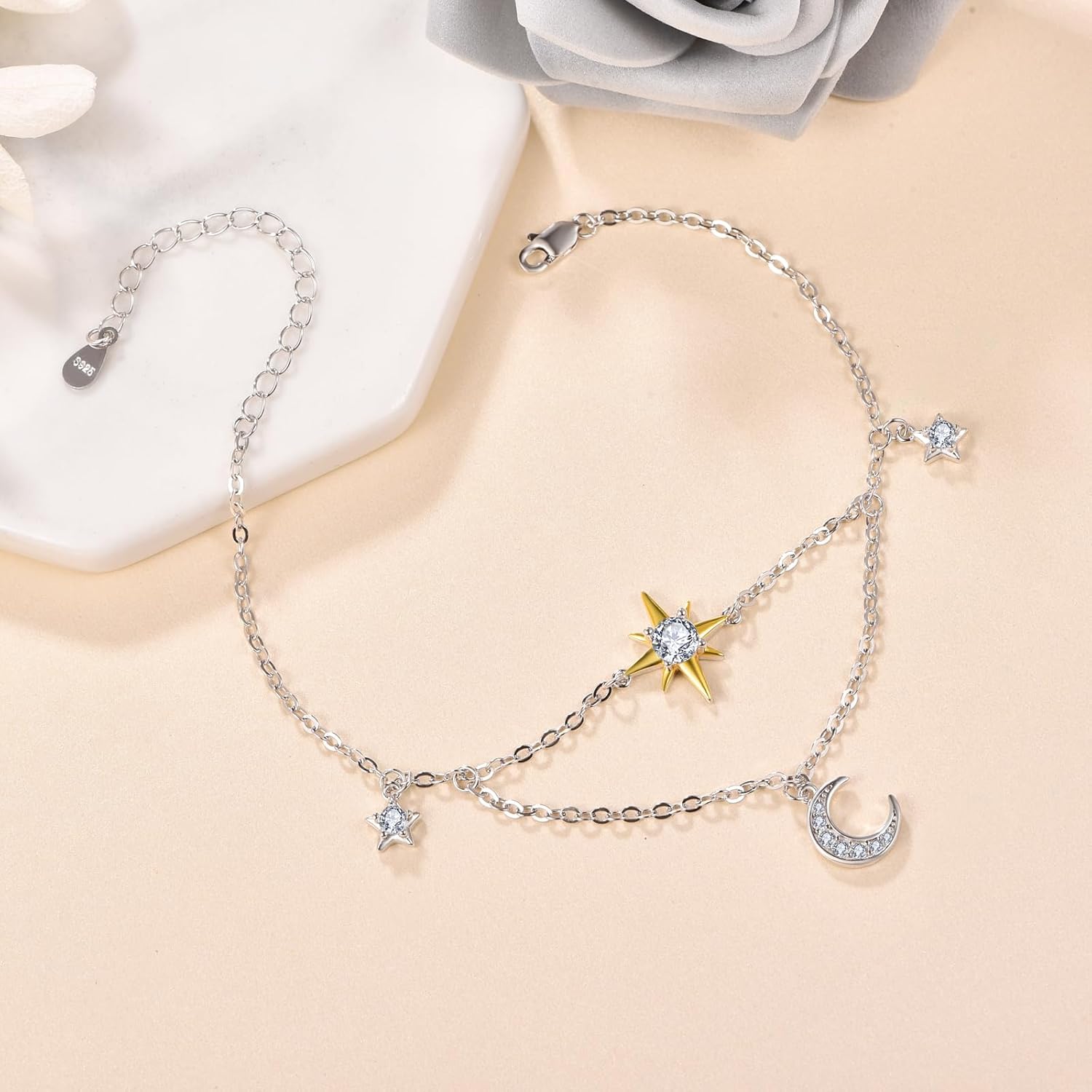 Palpitate Sun Moon Stars Bracelet Women Dainty Moon Bracelet 925 Sterling Silver Inspirational Jewelry Christmas Gifts for Women Wife Her Friends Adjustable - Image 3