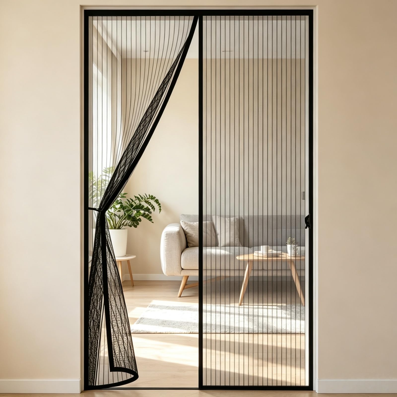 Magnetic Screen Door 76 x 216 cm with Powerful Magnets & Full Frame Magic Tape Insect Protection Door Easy to Install Without Drilling for Terrace, Cellar Sliding Doors, Black