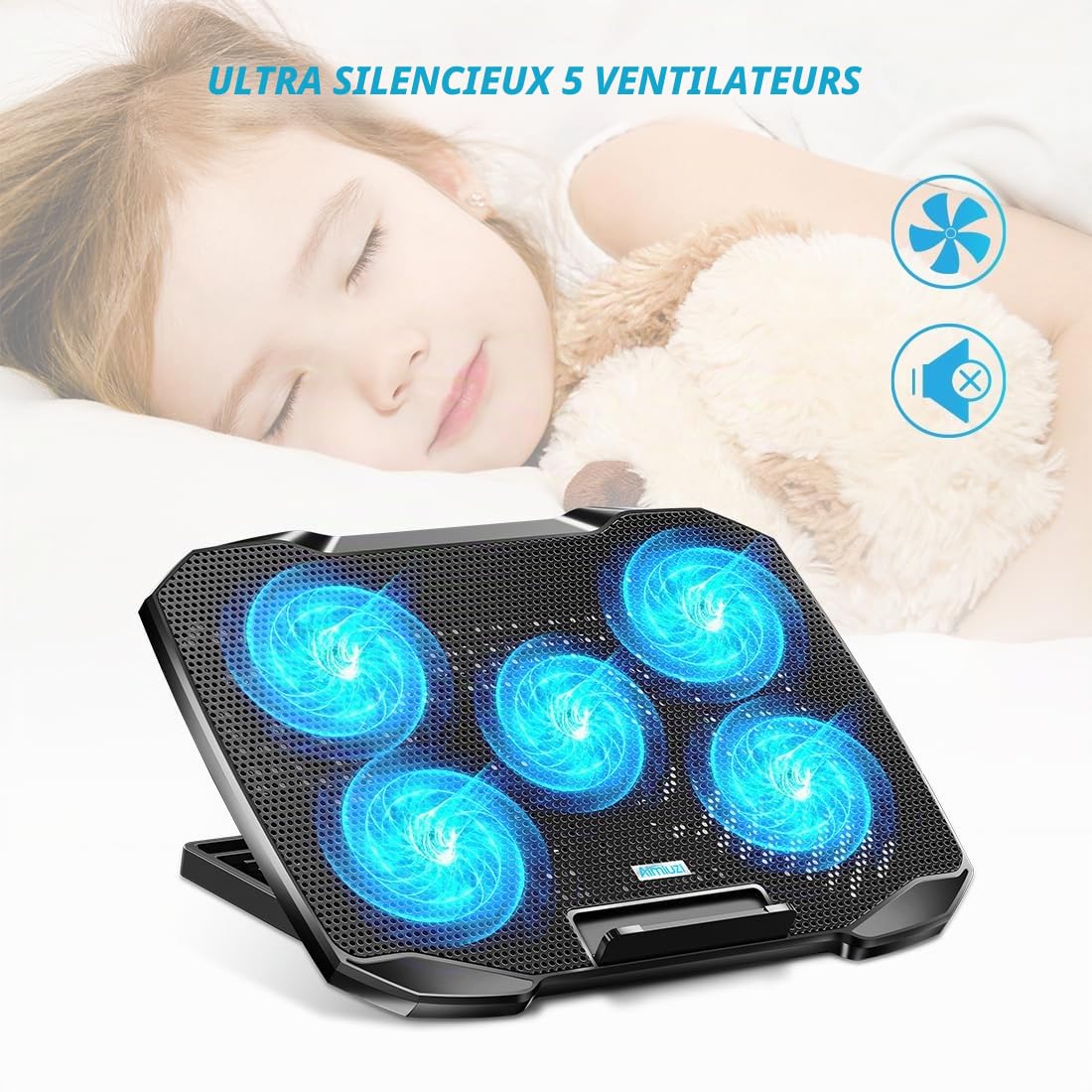 AIMIUZI Support de refroidissement pour ordinateur portable de 12 à 15,6", 5 ventilateurs silencieux, 5 angles réglables (noir)