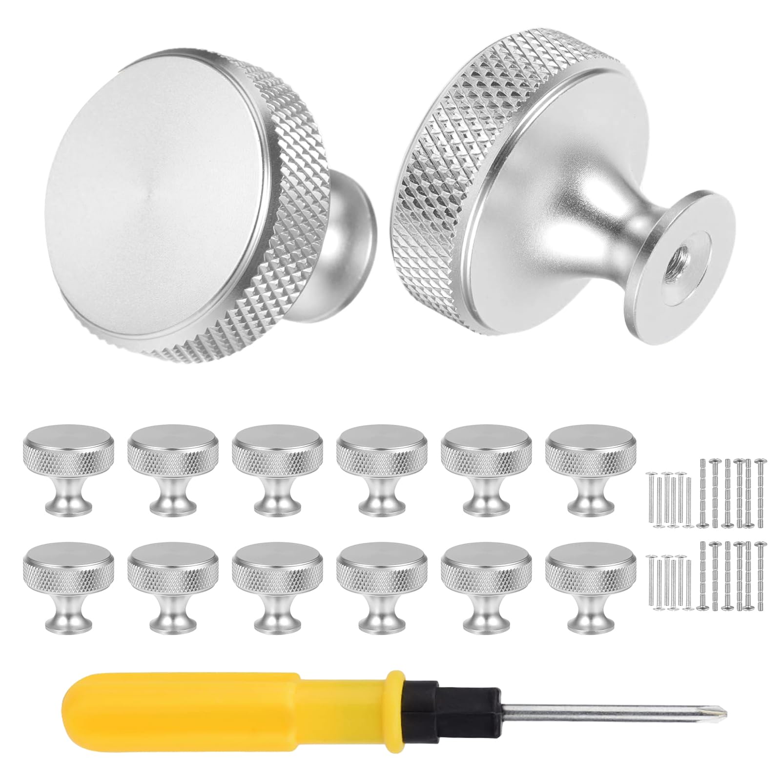 VEGCOO 12 Pack Nickel Drawer Knobs, Single Hole Silver Cabinet Knobs with Screws, Round Knurled Metal Wardrobe Knobs, Knobs for Drawers, Cupboard, Dresser