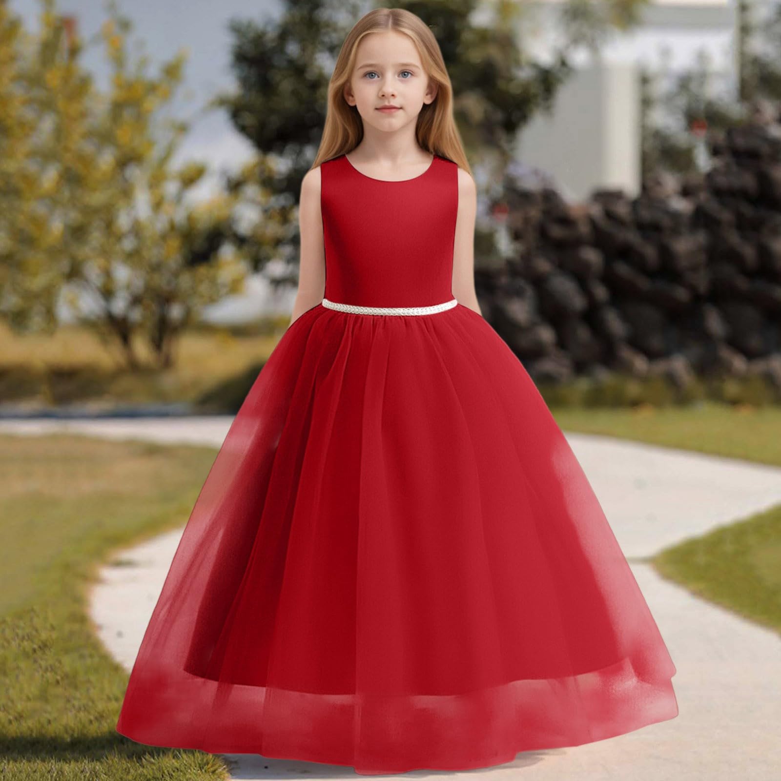 Vestido de satén para niñas de Flores, para Bodas, con Perlas y Lazo, de Tul, Suave y Bordado, Ideal para Fiesta, Primavera Estilo Elegante