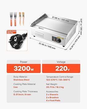 VEVOR Electric Griddle 3200 W 535 x 300 mm, Temperature Control 50 to 300 °C, Stainless Steel Countertop Grill with Flat Surface, 4 Foot Pads, for Meat and Pancakes