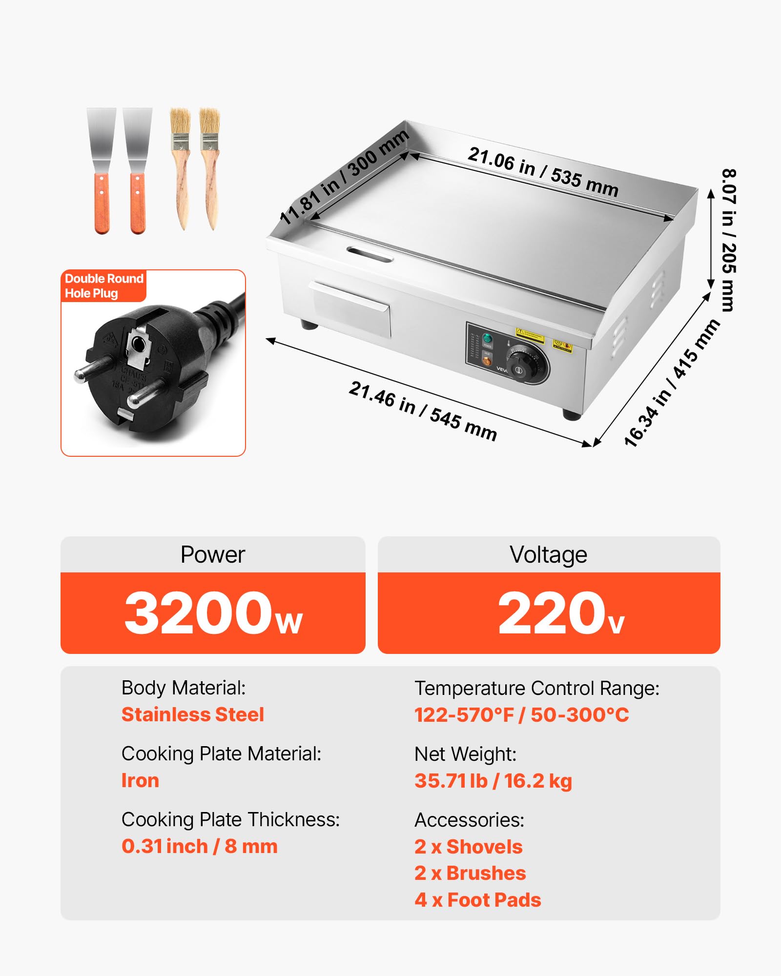 VEVOR Piastra Elettrica per Cottura Commerciale Griglia Elettrica per BBQ Piano Piatto 535 x 300 mm 3200 W, Temperatura Regolabile tra 50-300 °C, Griglia da Banco in Acciaio Inox per Bistecche