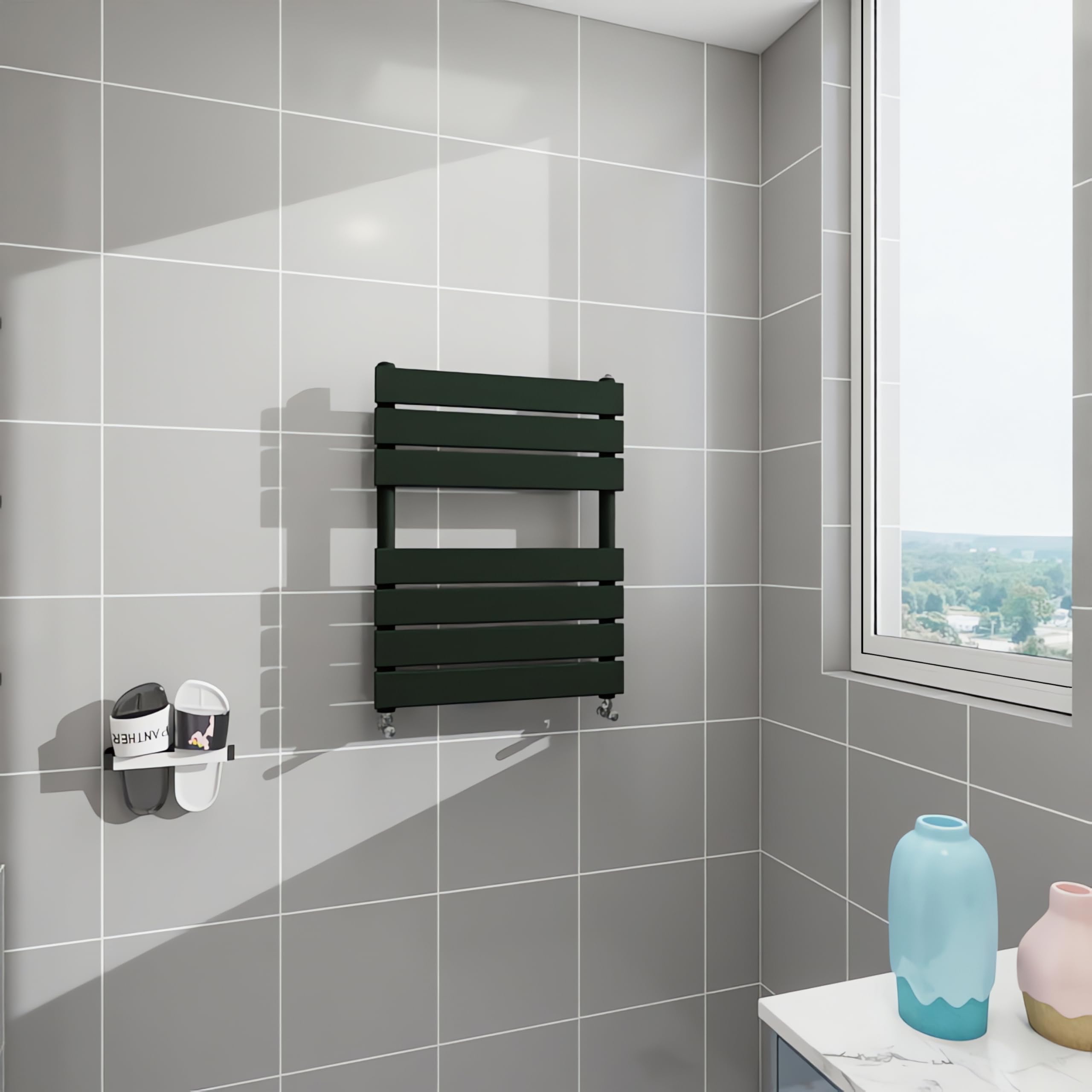 Morden Bathroom Flat Panel Heated Towel Rail Radiator,Wall Mounted Central Heating Ladder Rad 650X500mm Black