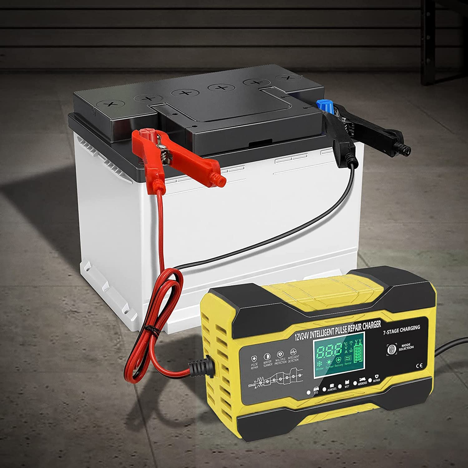 Carica Batteria Auto Caricabatteria for auto completamente automatico 12V 10A / 24V 5A Riparazione a impulsi di ricarica rapida intelligente Caricabatterie Auto (Color : Red)