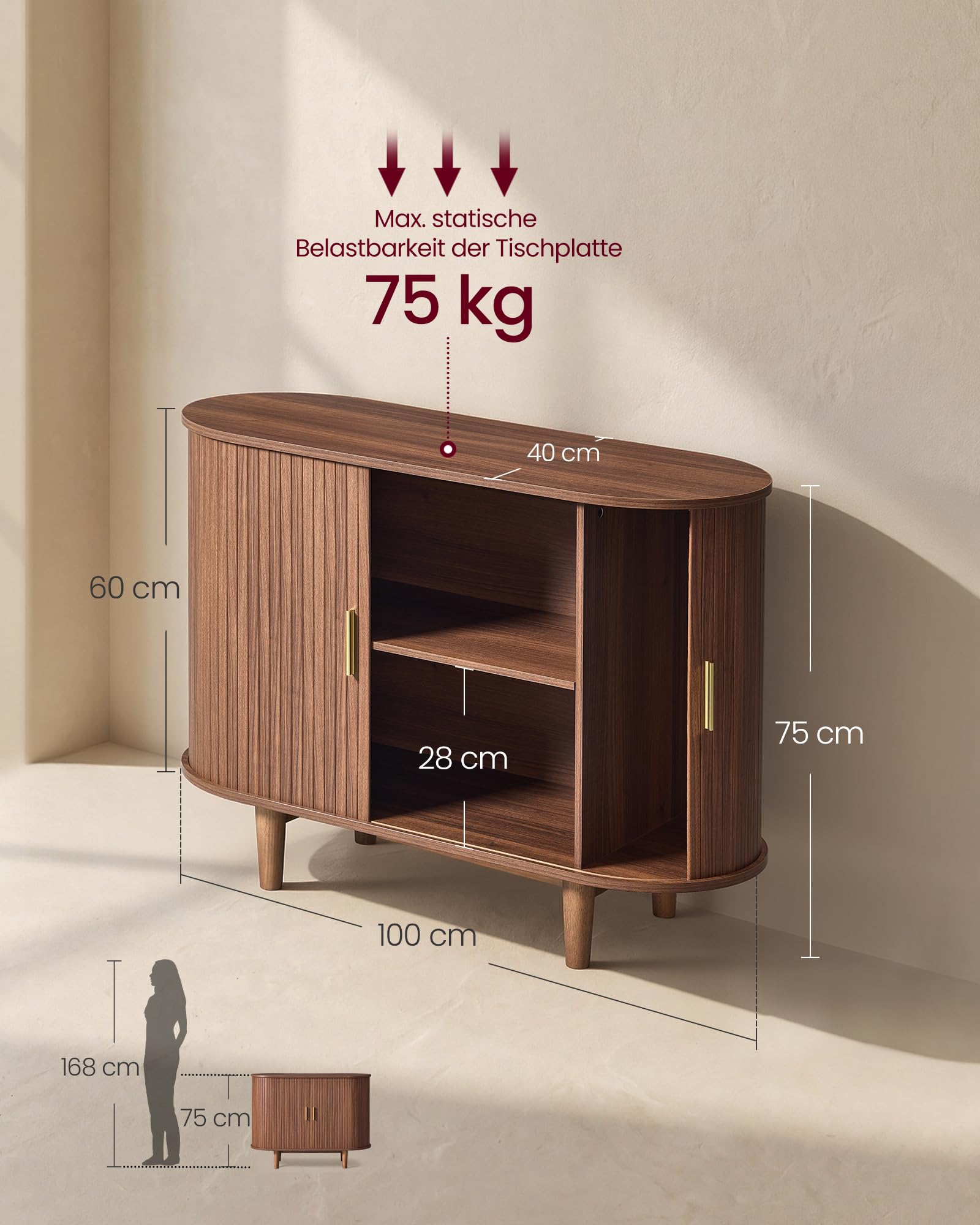 VASAGLE Sideboard mit Schiebetüren, Aufbewahrungsschrank aus Holz, Verstellbare Einlegeböden, 100 x 40 x 75 cm, Kastanienbraun, für Wohnzimmer und Esszimmer, Miriana Kollektion LSC621KX01