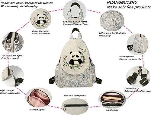 Vista 153 de HUANGGUOSHU Mujer de algodón tejido bohemio cáñamo Boho lona bordado múltiples bolsillos retro linda mochila cartera mochila mochila gato caprichoso