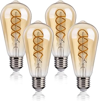 FLSNT E27 LED Warm White Replaces 40 W ST58 Retro LED Spiral Filament Light Bulb E27 Vintage 4 W Edison Vintage Bulb 250 LM Light Bulb 2200 K Warm White Not Dimmable CRI90 Pack of 4