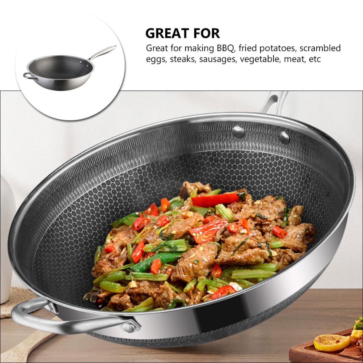 Padella Wok in Acciaio Inossidabile Design a Nido D'ape, Facile da Pulire, Compatibile Induzione, per Cuocere Verdure e Barbecue