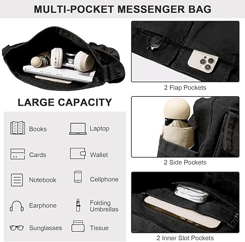 Miniatura 5 de WITERY Bolso bandolera de lona Bolso cruzado grande tipo hobo para mujeres y hombres, bolso casual para mujer, bolso de mano retro de mezclilla