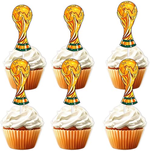 18 piezas de oro purpurina trofeo de fútbol Cupcake Topper de fútbol Copa del Mundo tema decoración suministros atletas niños hombres feliz
