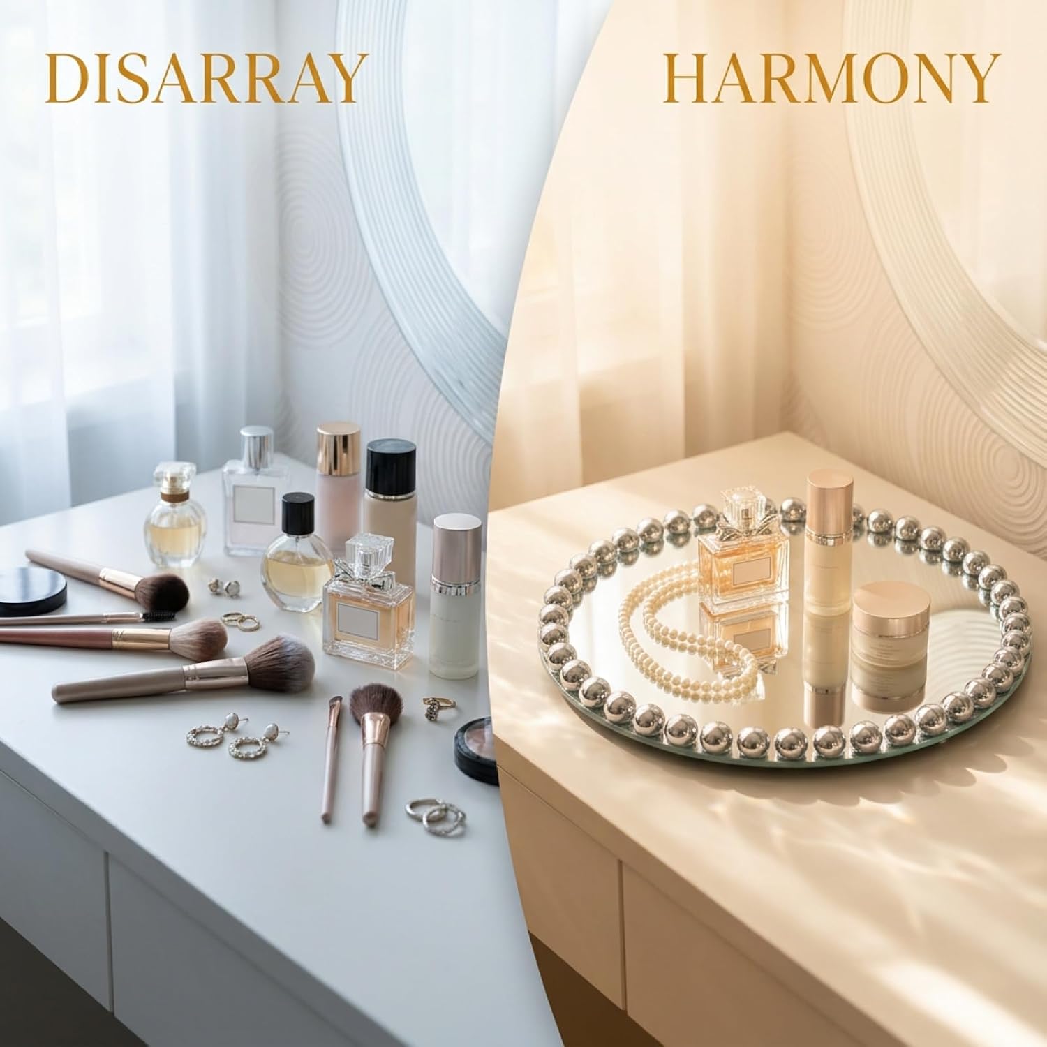 13" Round Silver Beaded Glass Tray, Vanity Organizer for Perfume & Jewelry