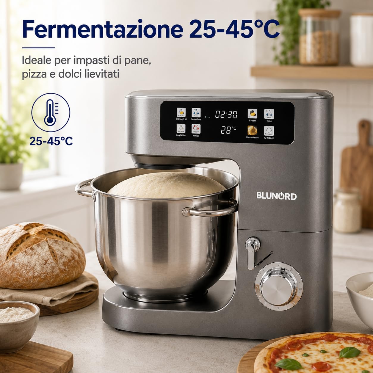 Planetaria 8 Litri BLUP4975 DELUXE, Impastatrice Planetaria 2100W con Bilancia Integrata, Display Touch a Colori, 12 Velocita, Fermentazione 25-45 C, Ciotola Inox e 3 Accessori