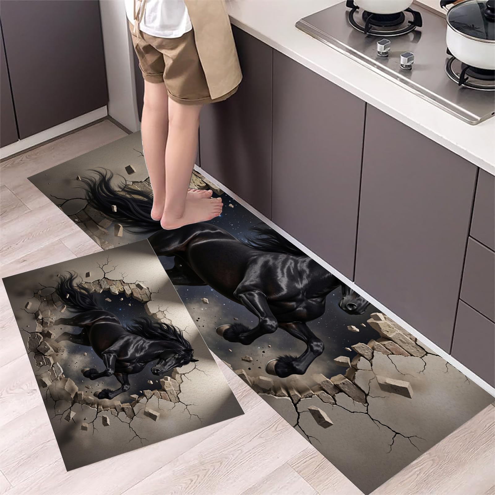 Alfombrillas de cocina 3D con diseño de caballo oscuro lavables y tapetes antideslizantes