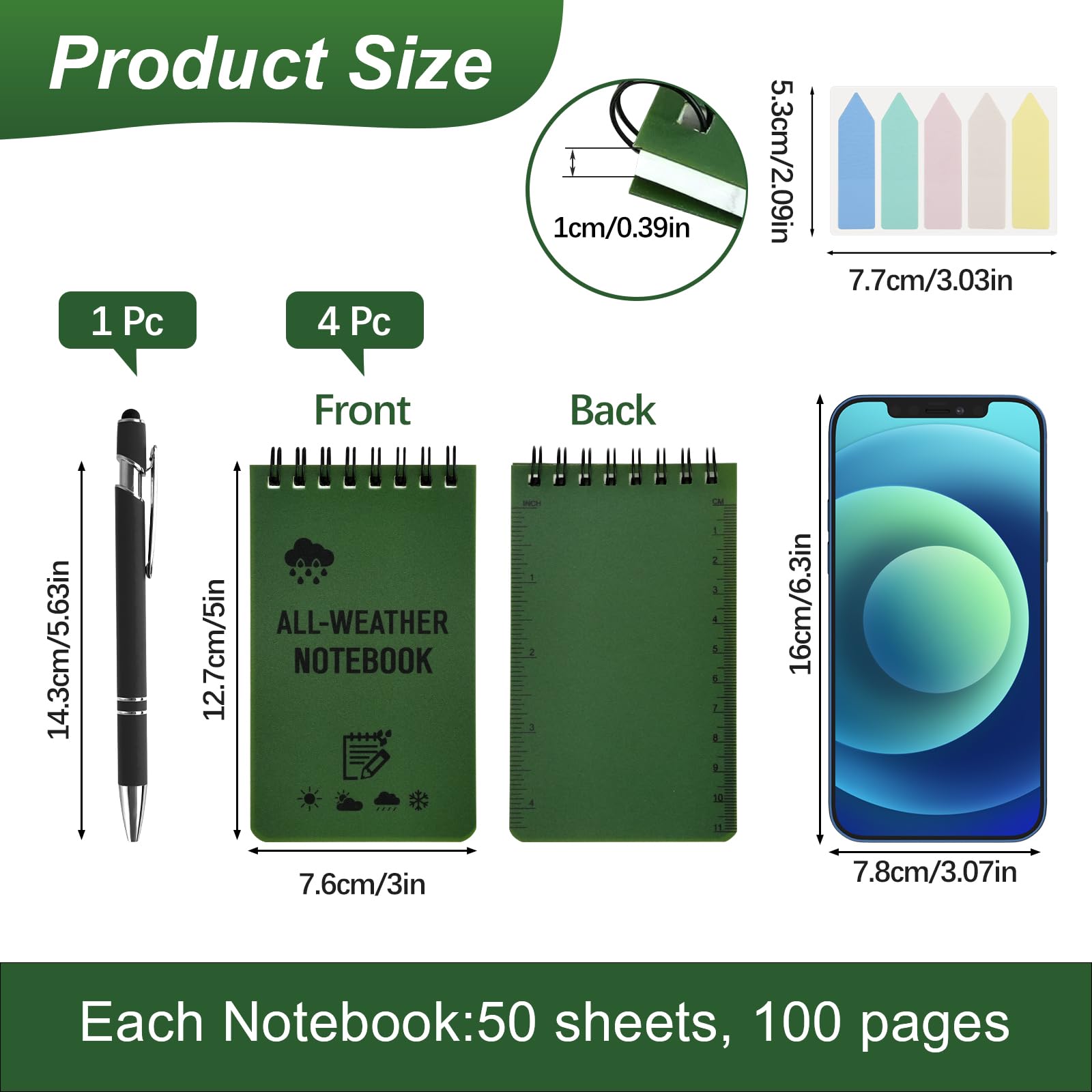 4 Stück Wasserdichte Notizblock, 3 x 5 Zoll Pocket Notizbuch Allwetter Notizblöcke mit Top-Spirale, Taschennotizblock Stift und Indexaufkleber, Field Notes für Aktivitäten im Freien Militär