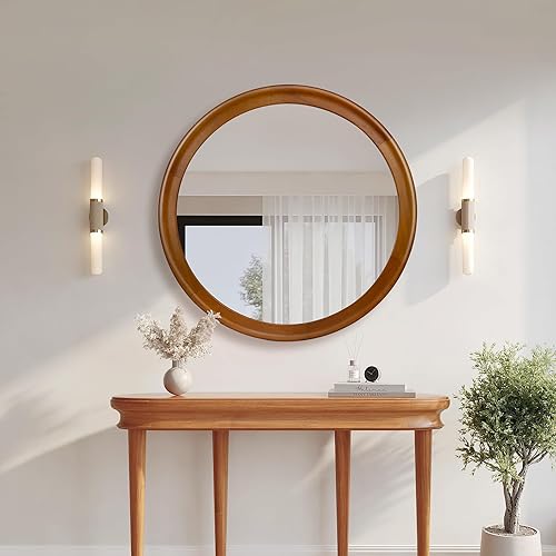Miniatura 5 de Espejo redondo de madera para pared, espejo decorativo circular de 36 pulgadas con marco de nogal, espejo rústico para colgar en el baño, entrada,