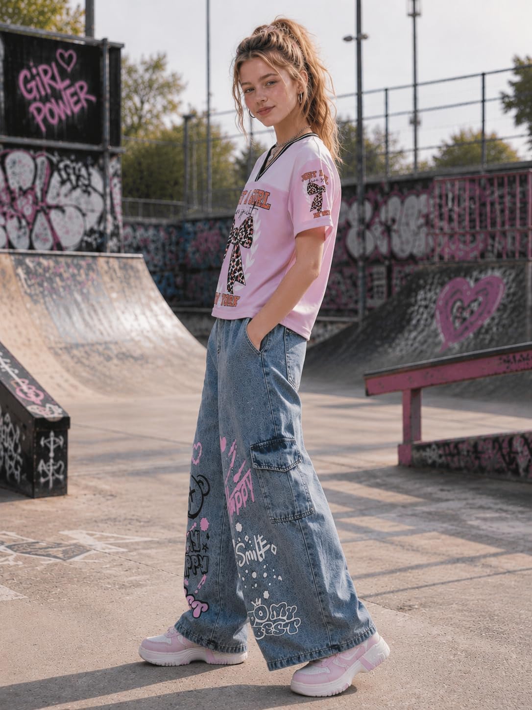 Girls 2 Piece Clothes Set V Neck Graphic Tee and Wide Leg Jeans Casual Streetwear Outfits Size 7-15