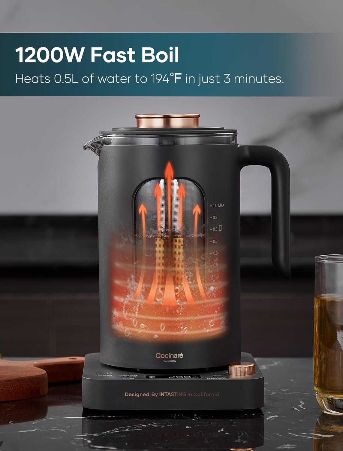 Electric Tea Kettle, Electric Kettle with Tea Infuser, ±1℉ Knob Temperature Control, BPA-Free Glass, 1200W Fast Heating, Easy to Clean, 1 Liter (Dark Gray) - Image 5