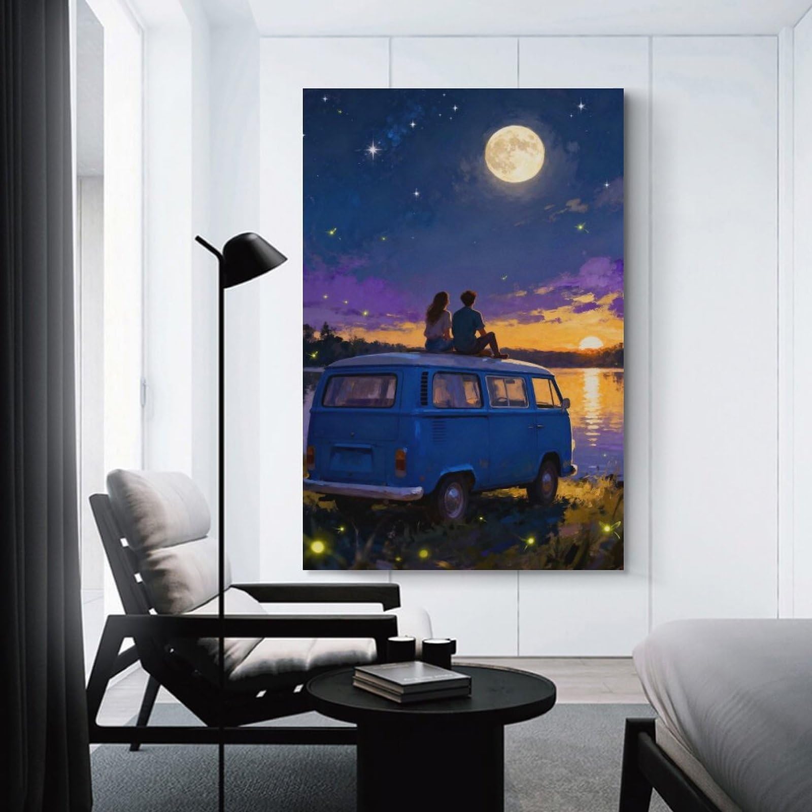 Junmoney Wall Art Print Couple on Van Under Moonlight, 20x30inch(50x75cm), for Home Lounge, Bedroom Or Reading Nook, Modern Wall Decor for Cosy Interiors