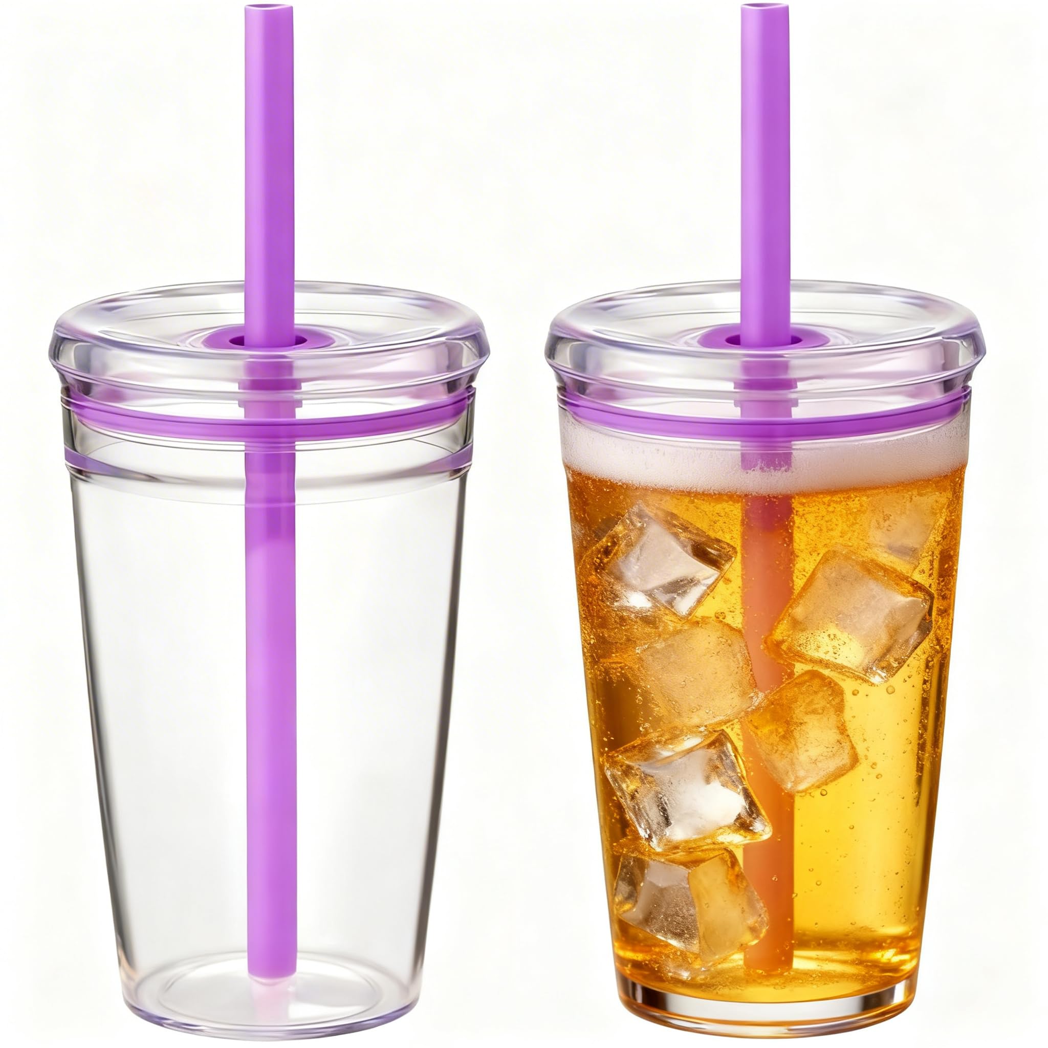 Yisituo 450ml Reusable Iced Coffee Cup, 2 Pack Clear Plastic Cups with Lids and Straws, Cold Cup, for Hot and Cold Drinks (2, Purple)