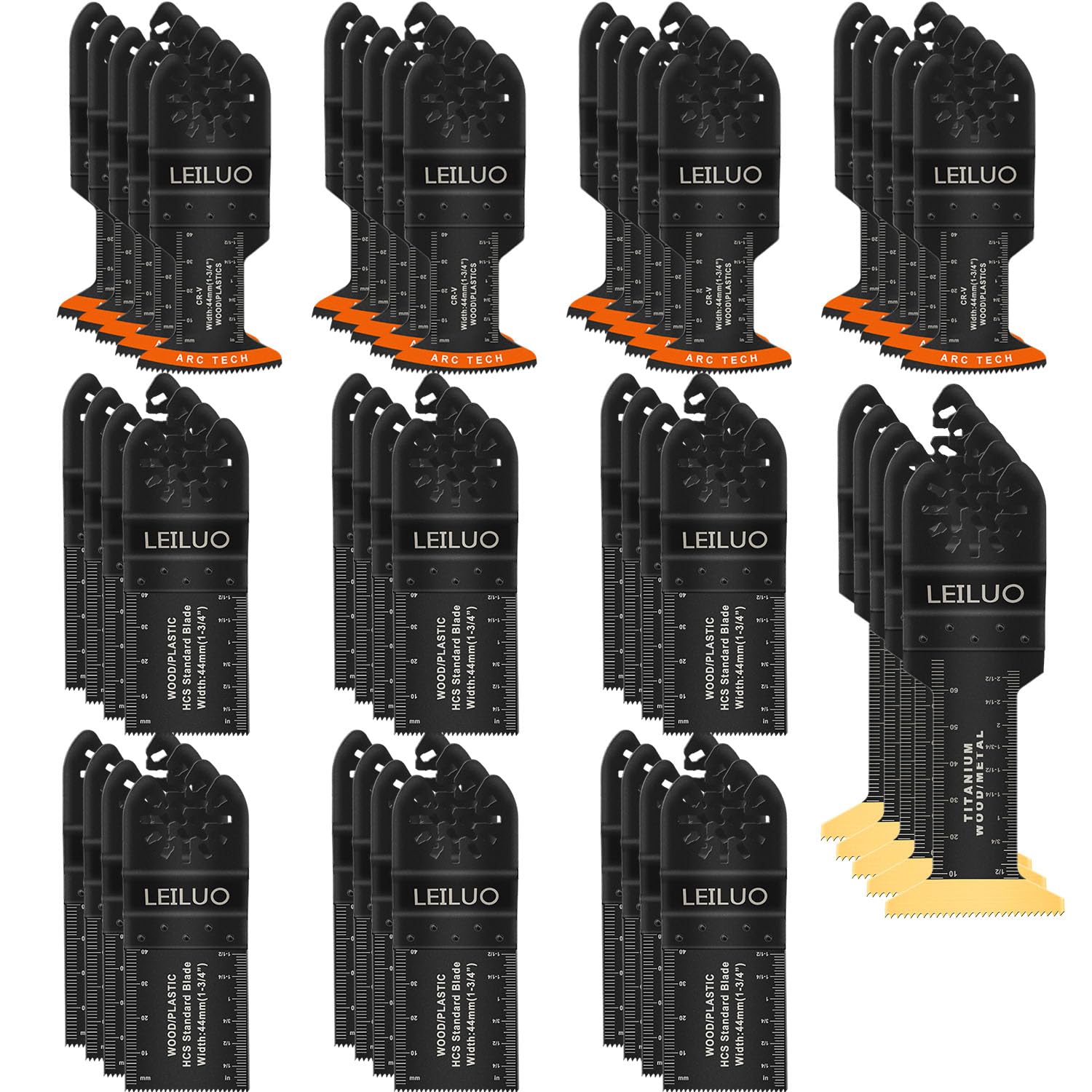 LEILUO 50 Pcs Arc Edge Oscillating Tool Blades Titanium Multitool Blades Extra Long Oscillating Saw Blade Set for Wood Metal with Storage Bag Compatible with DeWalt Makita Milwaukee and More