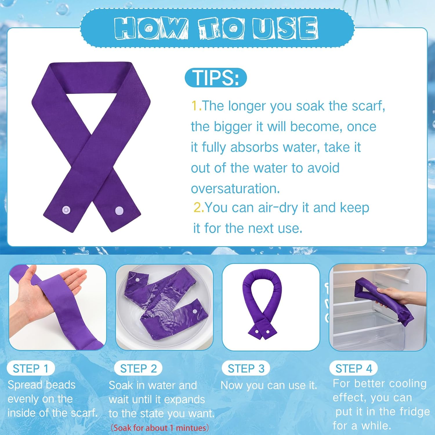 Eurzom Cooling Neck Wraps Bulk with Button Ice Scarf Water Soaking Wraps Coolers Neck Bandana Headband for Women Men Dog, Hiking Camping Hot Summer Outdoor