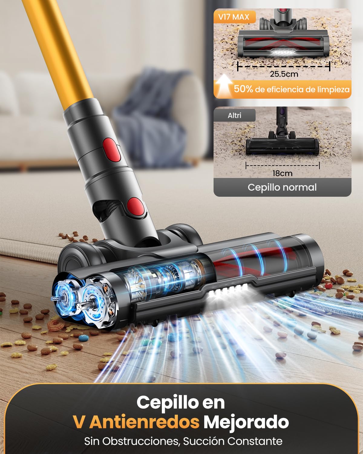48 Kpa/550W/70Min Aspiradora sin Cable, 2.0L Aspirador de Mano con Pantalla Táctil, Cepillo Antienredos, Carga de Pared, Escoba Aspiradora sin Cable para Suelo Alfombra Pelos de Mascotas Automóviles