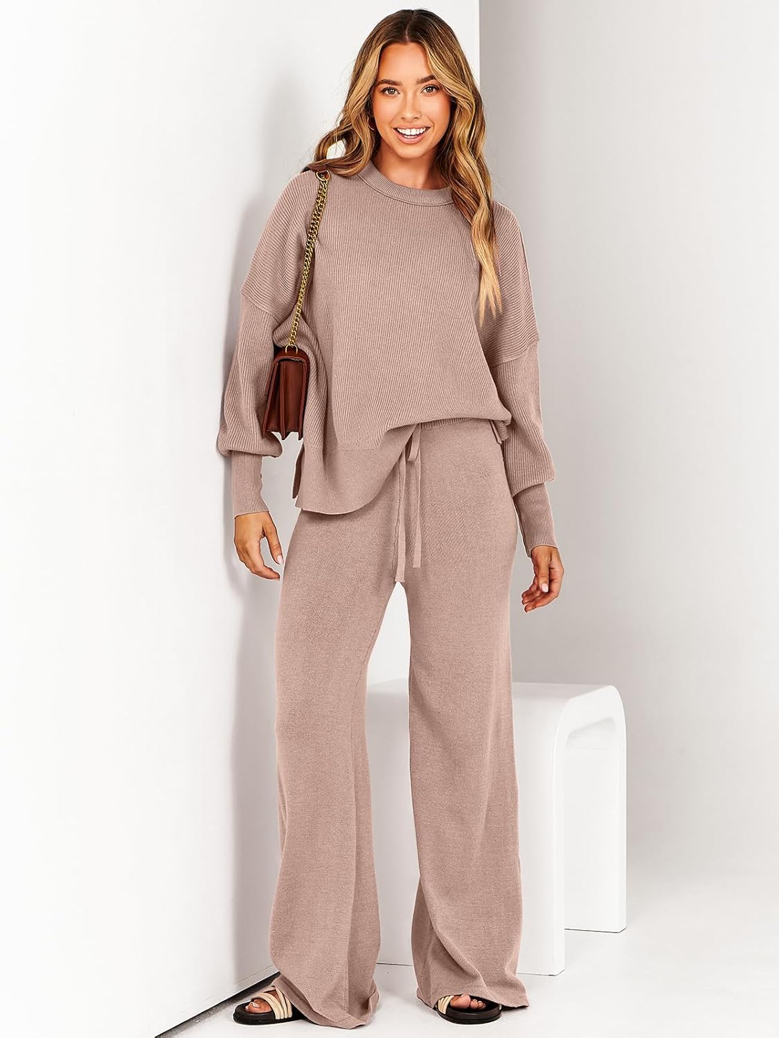 ANRABESS Womens 2 Piece Outfits Fall Lounge Set 2025 Oversized Chunky Knit Sweater Top Wide Leg Pants Loungewear Clothes - Image 4