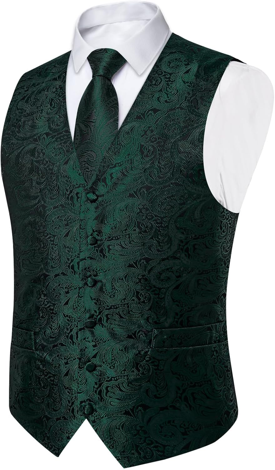 DiBanGu Mens Paisley Vest Tie Set with Lapel Pin Tie Clip 7PCS Silk Woven Necktie and V-Neck Suit Waistcoat for Tuxedo Party