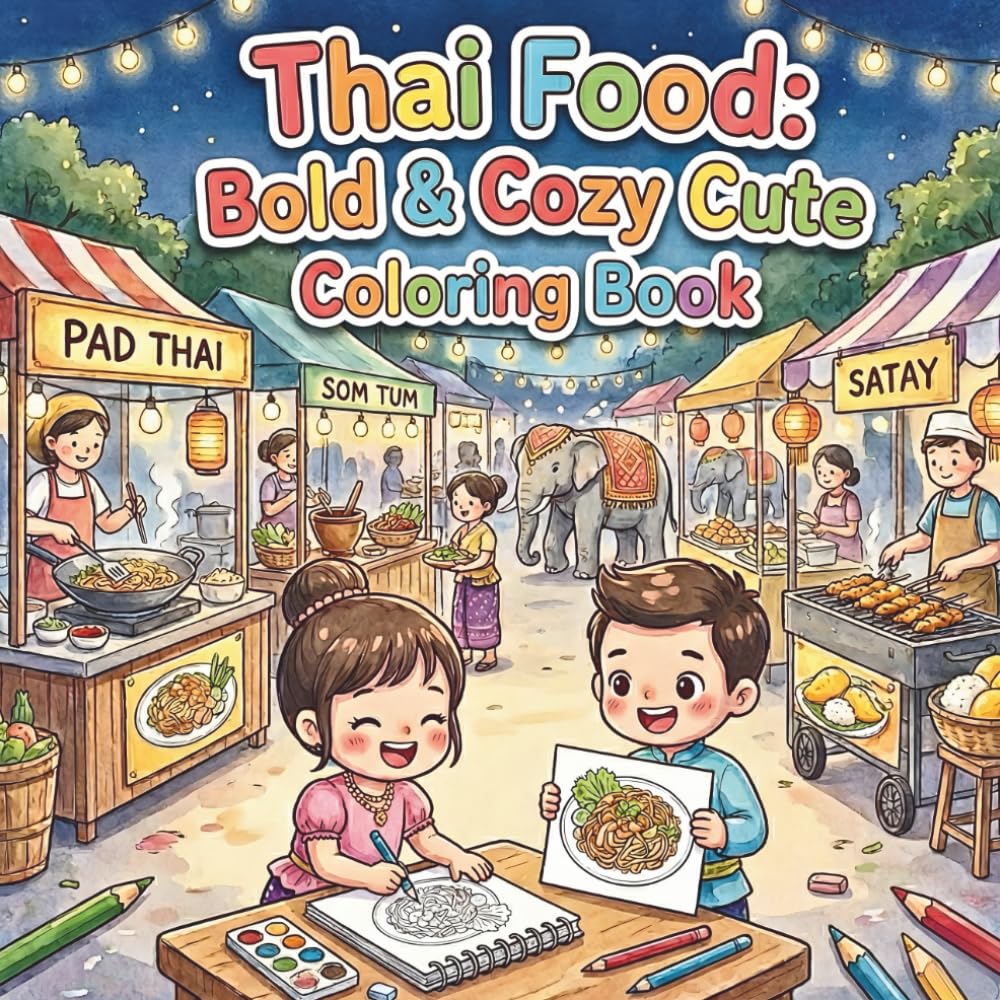 Thai Food: A Bold & Cozy Cute Coloring Book: A Kawaii Journey Through Thailand’s Most Delicious Dishes | Perfect for Kids, Seniors, and Beginners (Simply Thai Cozy)