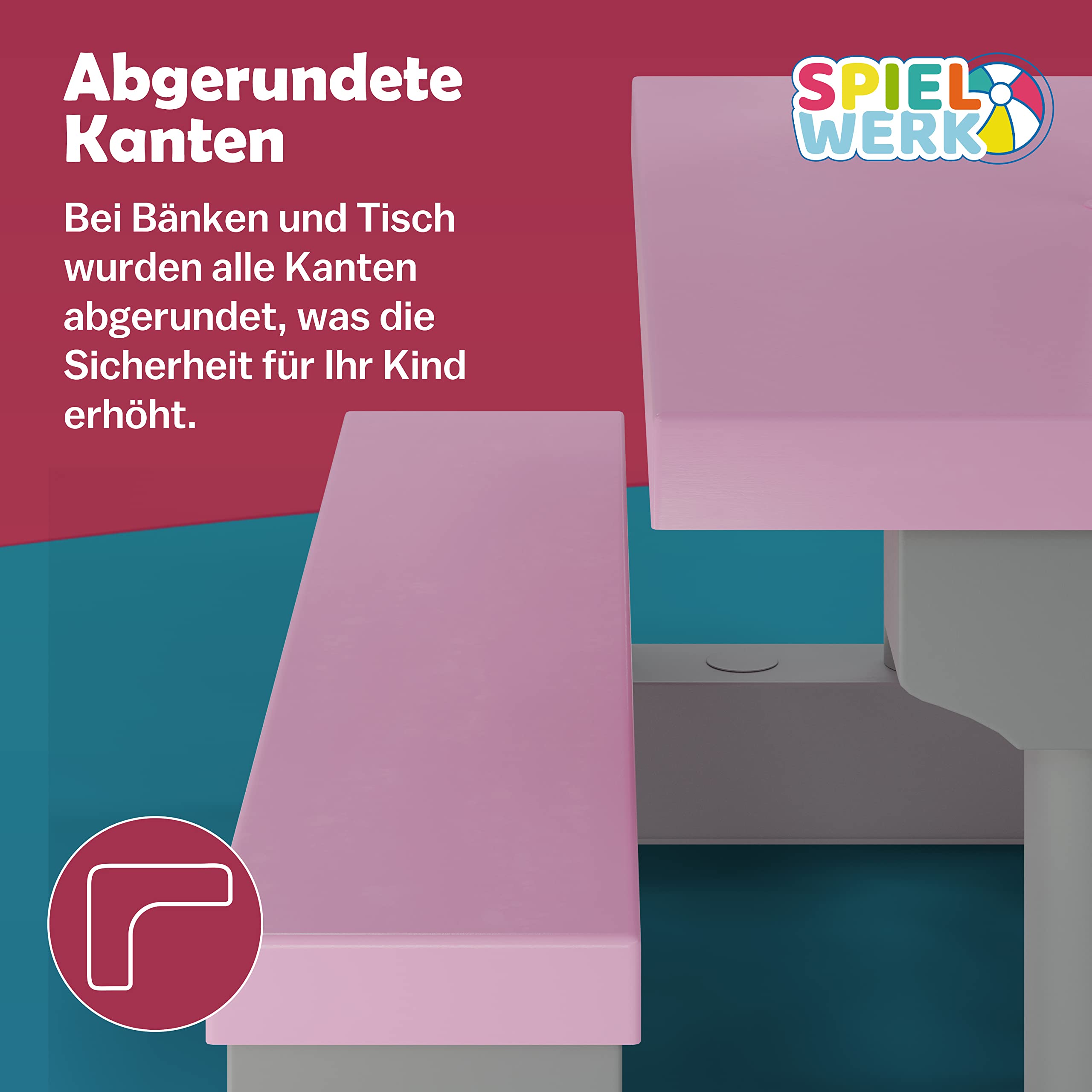 Spielwerk® Set Tavolo e 2 Panche per Bambini con Ombrellone da Giardino Sistema a Incastro in Plastica ABS Rosa Sedie Picnic Esterno Cameretta Interno Bimbi Giochi