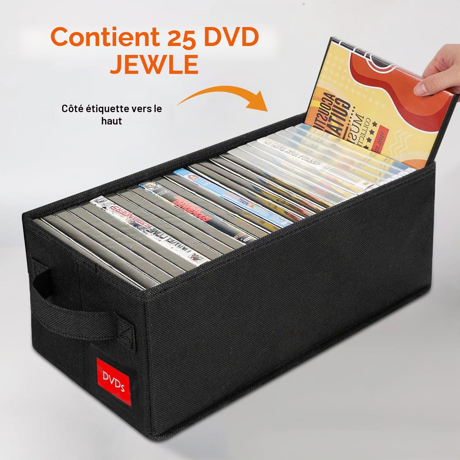 Lot de 4 boîtes de rangement pour DVD, 40 x 20 x 15 cm avec couvercle, conteneur pouvant contenir 50 DVD dans des boîtiers à bijoux, 85 DVD dans des étuis fins et 220 disques dans des
