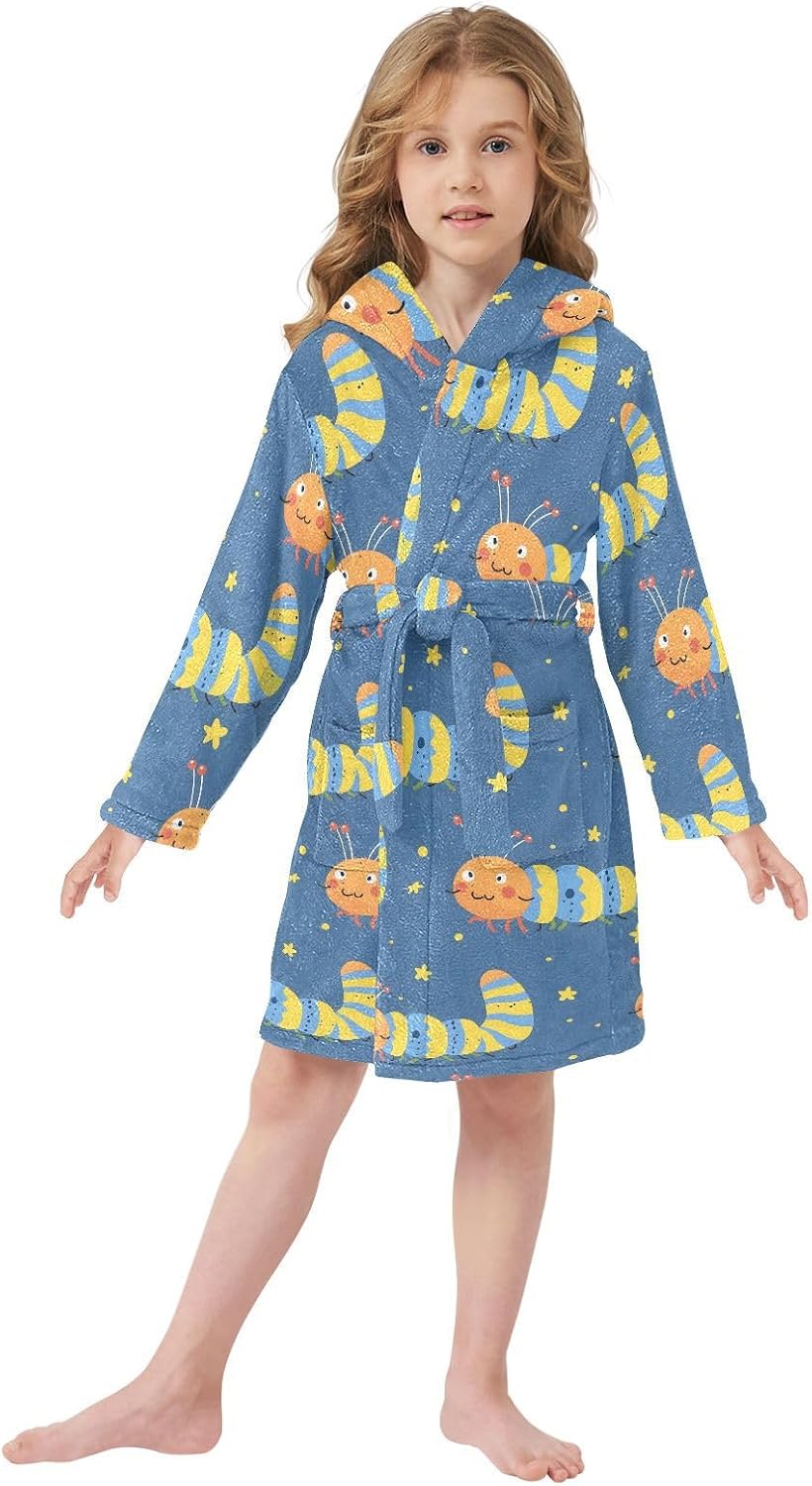 senya Cartoon Caterpill Toddler Hooded Bathrobe Kids Soft Plush Bath Towel Robes for Boys Girls 2-12 Years