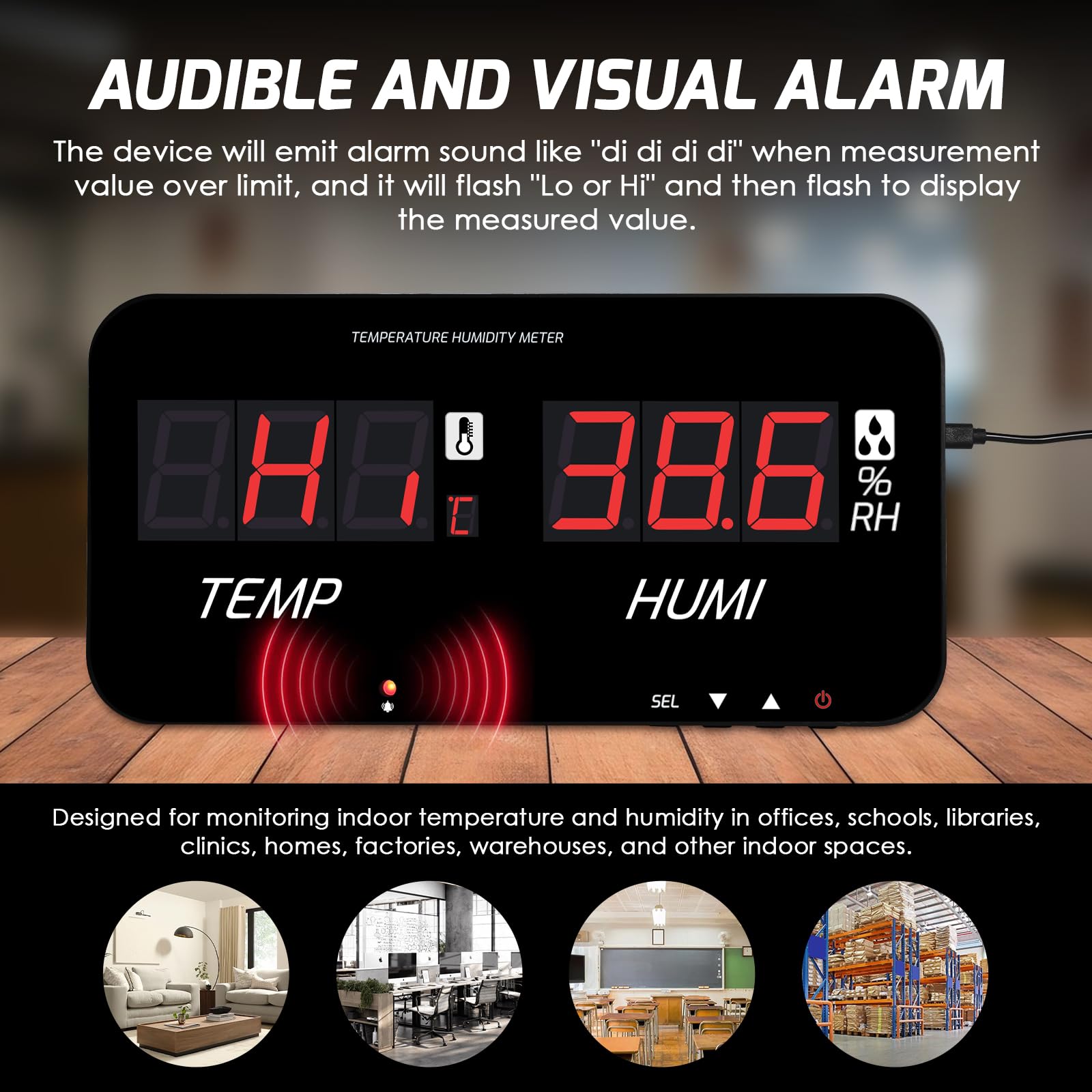 Termómetro higrómetro digital con pantalla LED grande, monitorea temperatura y humedad interiores, alarmas sonoras y visuales ajustables, sonda integrada, USB-C, montaje en pared o en mesa. en la