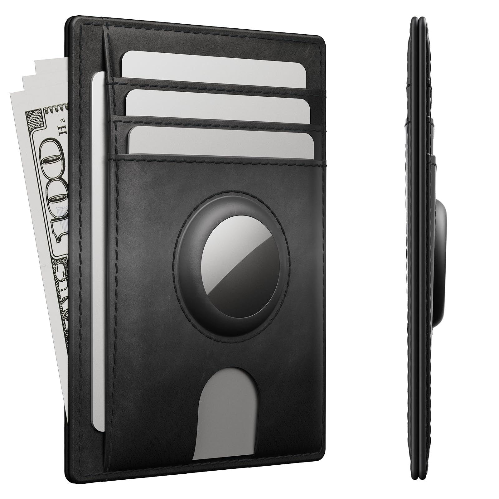 Mens Slim Wallet for Airtag, Premium Crazy Horse Leather Front Pocket Wallet with AirTag Holder, RFID-blocking Mens Wallet Card Case Compatible with