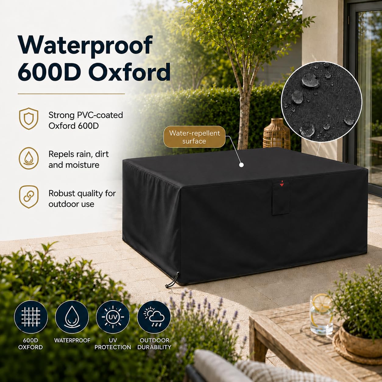 HOME It Garden Housse salon de jardin 235×180×95 cm - Oxford 600D enduit PVC, imperméable, protection UV, 2 aérations, fermeture éclair & cordon, noir