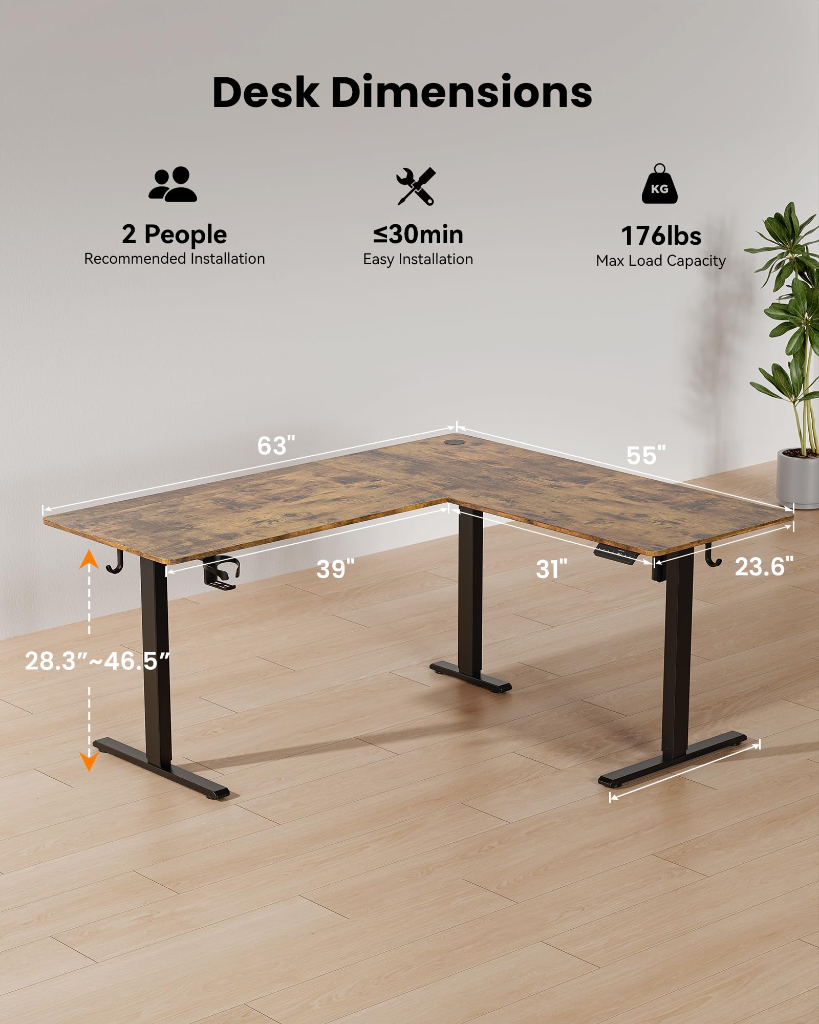 63 Inches Reversible L Shaped Standing Desk for Home Office Electric Height Adjustable Corner Computer Desk Sit Stand — view 3