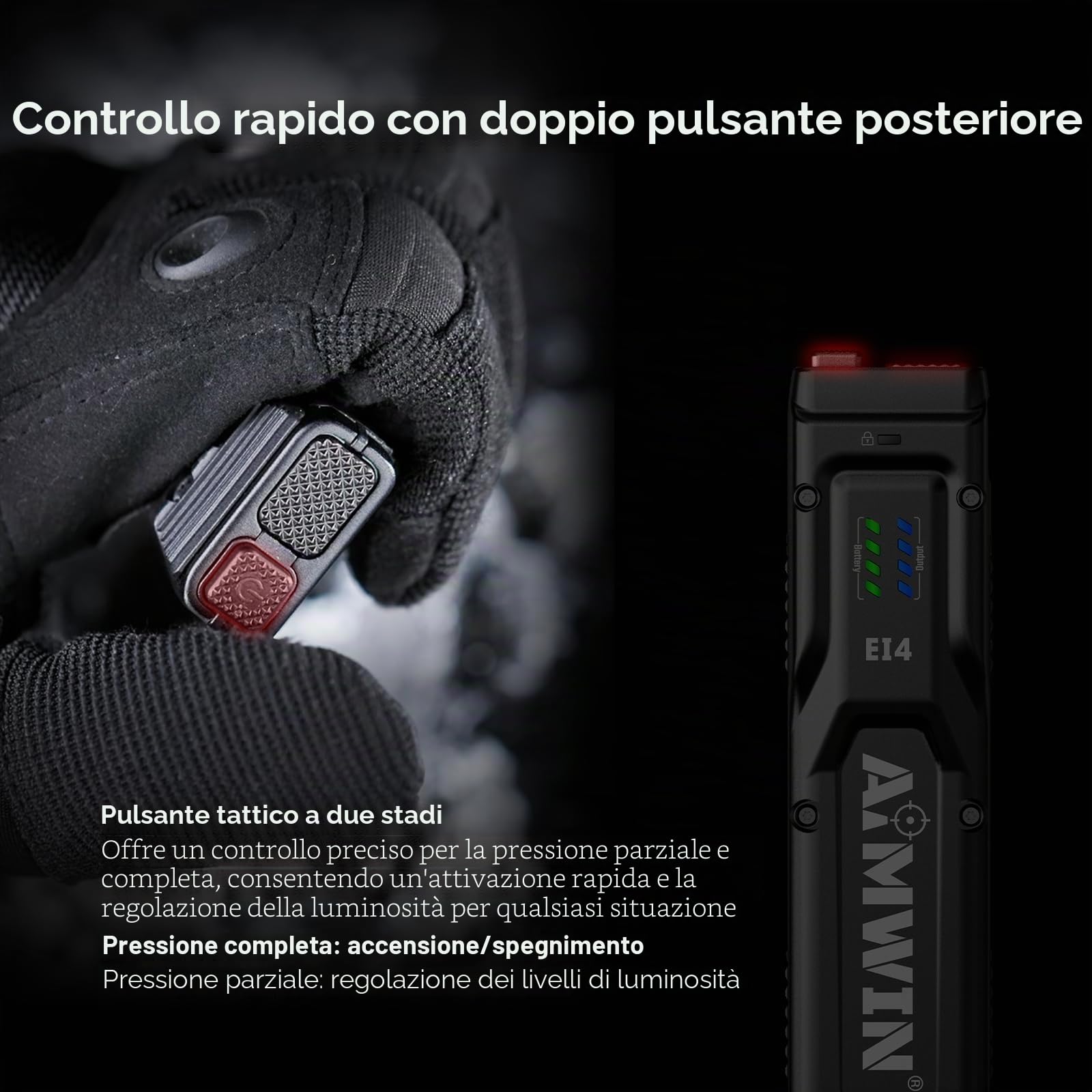 AIMWIN EI4 Torcia EDC LED Potente 3000 Lumen Torcia Ricaricabile USB C Portata 300m Torcia Tattica Piatta per Outdoor Campeggio Sicurezza Doppio Interruttore Posteriore Turbo Stroboscopio