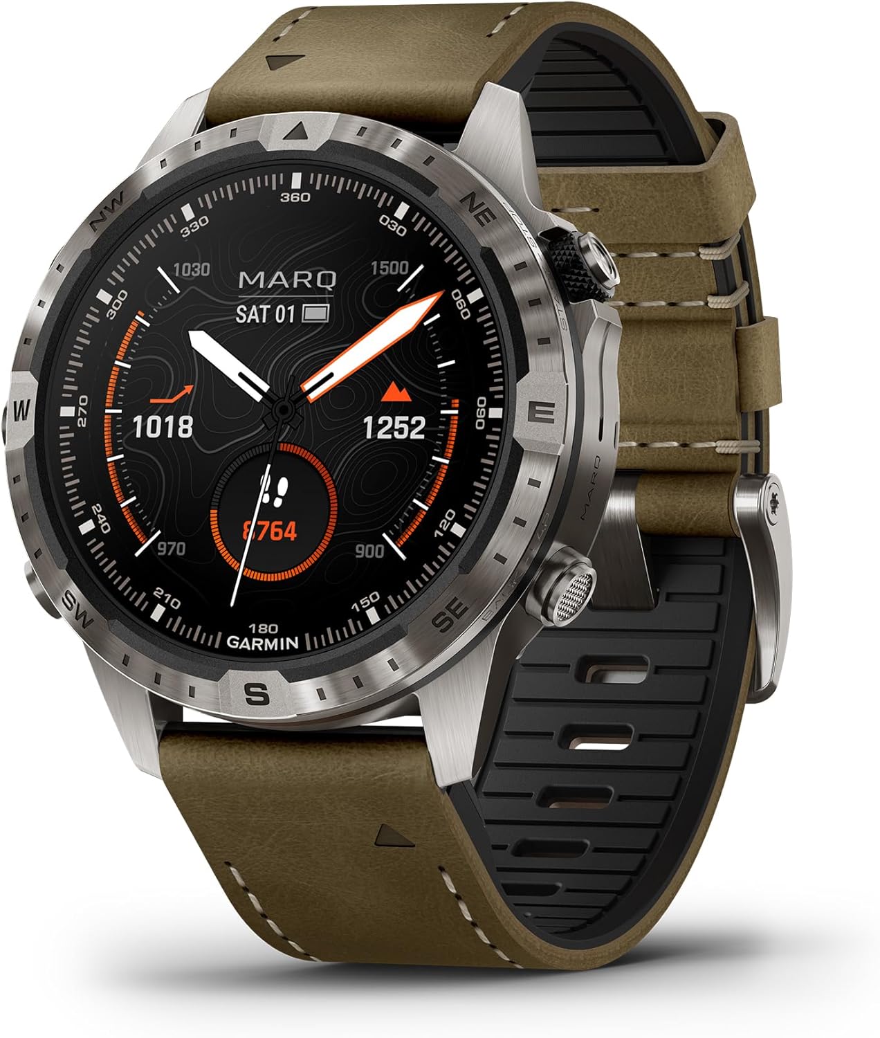 Garmin MARQ Adventurer (Gen 2) Smartwatch, Titanium Case, Sapphire Lens, AMOLED Display, Outdoor Navigation, Leather/FKM Strap + Silicone Band, 010-02648-30 (Renewed)